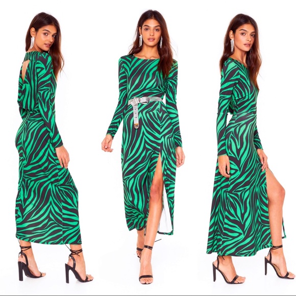 🆕 GREEN BLACK ZEBRA PRINT SLIT MAXI DRESS! - Picture 8 of 8